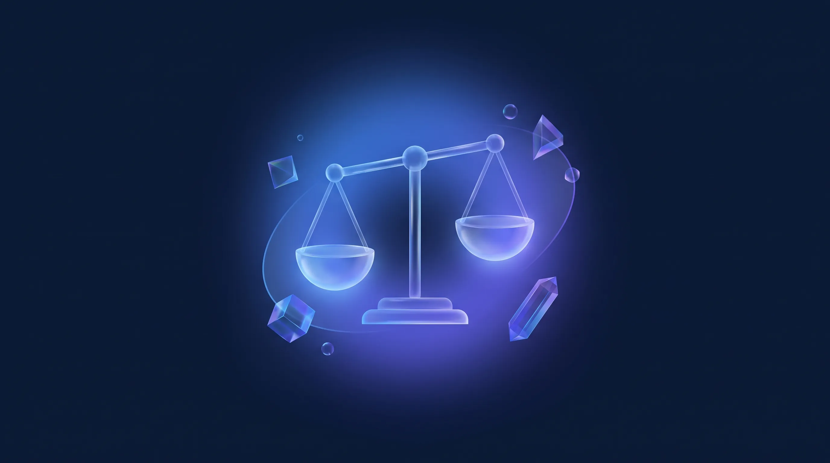 Balance en verre à l'équilibre entourée de cristaux, image d'un choix d'abonnement juste