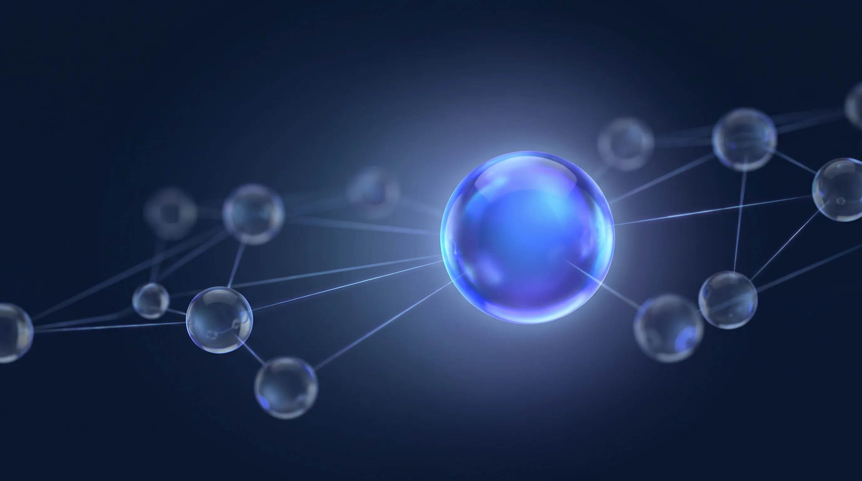 Sphère de verre lumineuse mise en avant dans un réseau de sphères, image de l'entreprise qu'une IA choisit de citer